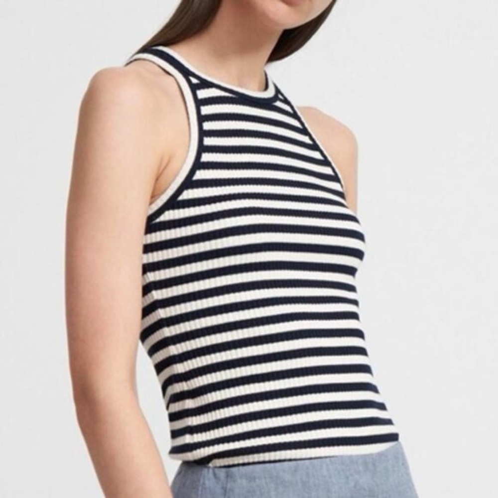 Theory Navy and Cream Striped Ribbed Racerback Tank Top
